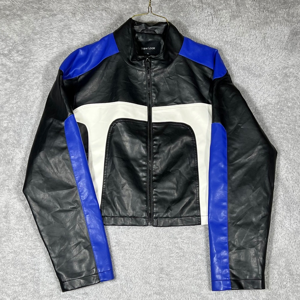 New Look Mens XL Faux Leather Colorblock Biker Jacket Black White Blue Zip Up